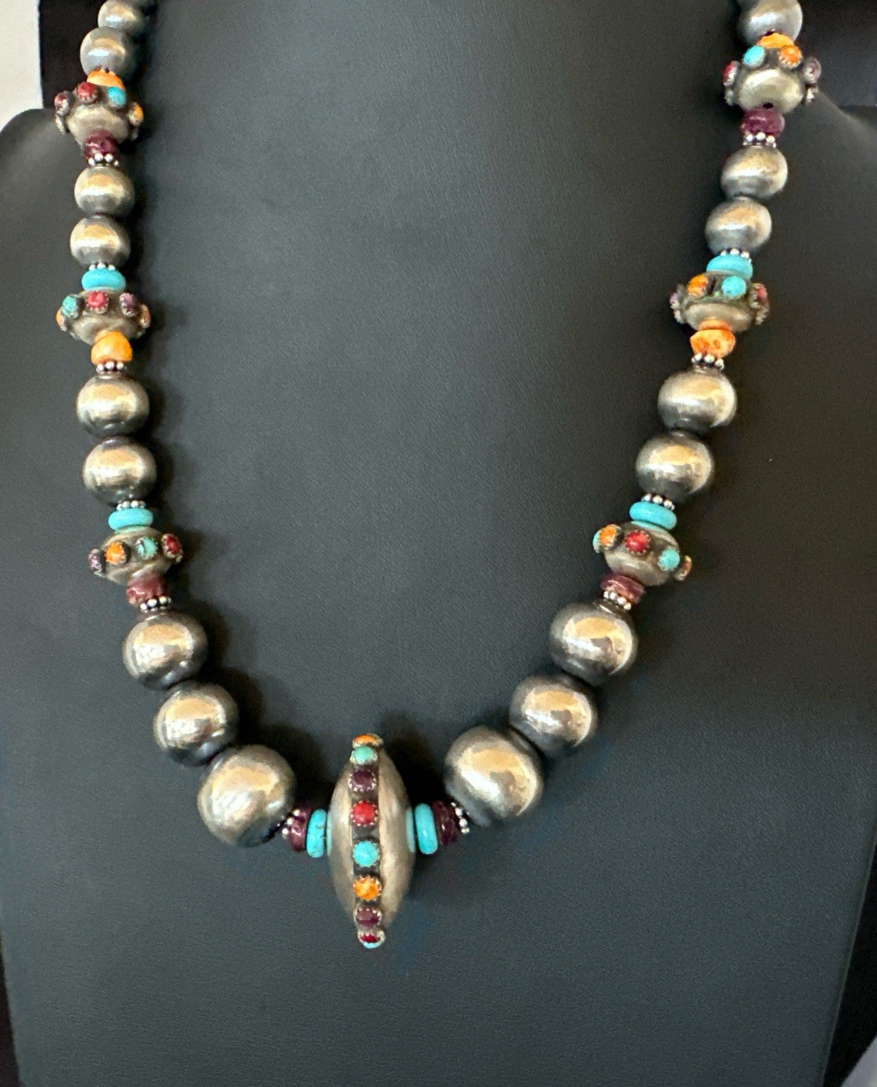 Multicolor Spiny Navajo Pearls Turquoise Sterling Silver Necklace 23” 19447