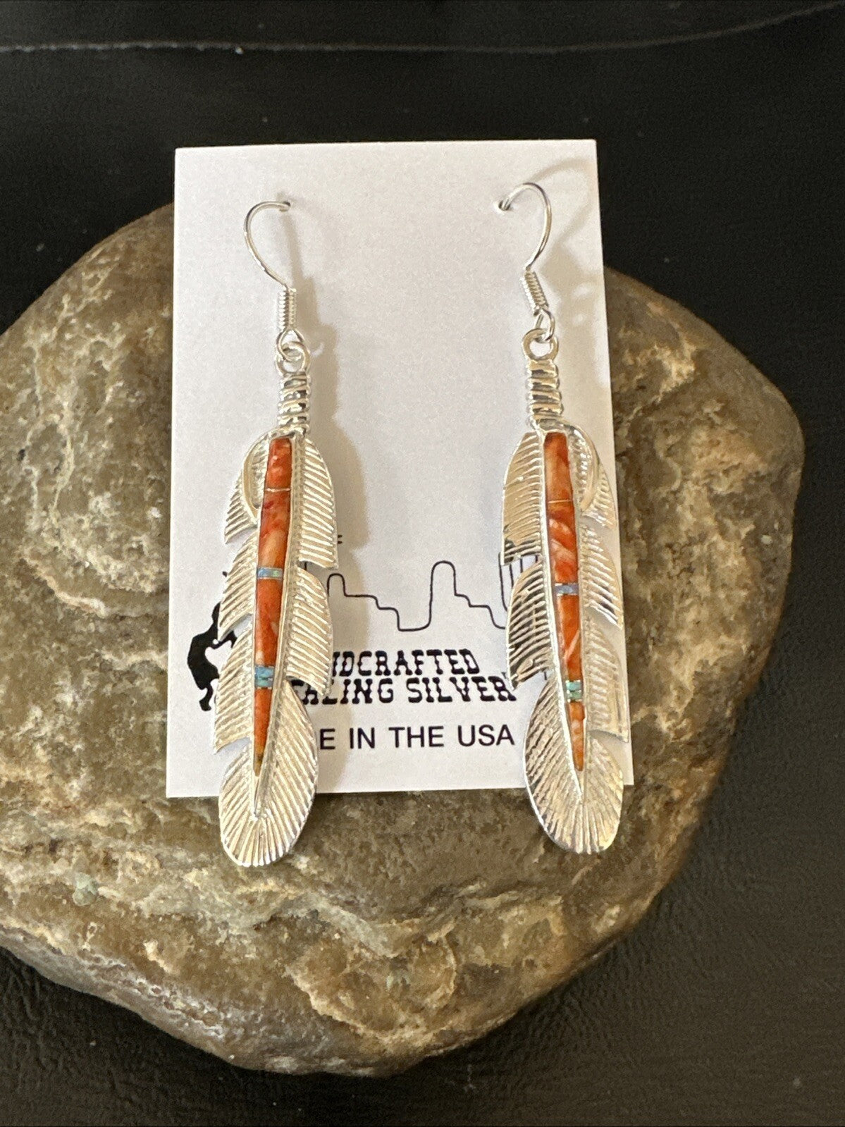 Orange Spiny Oyster Opal Sterling Silver Handmade Inlay Feather Earrings 18695