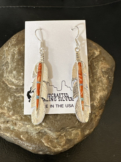 Orange Spiny Oyster Opal Sterling Silver Handmade Inlay Feather Earrings 18695