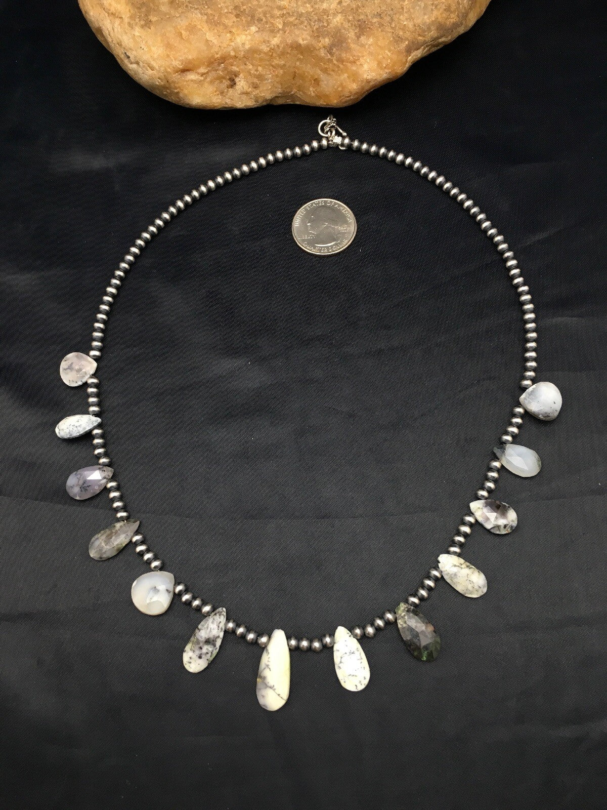Black Rutile & Opal Pear Shaped Navajo Pearls Sterling Silver Necklace 4092