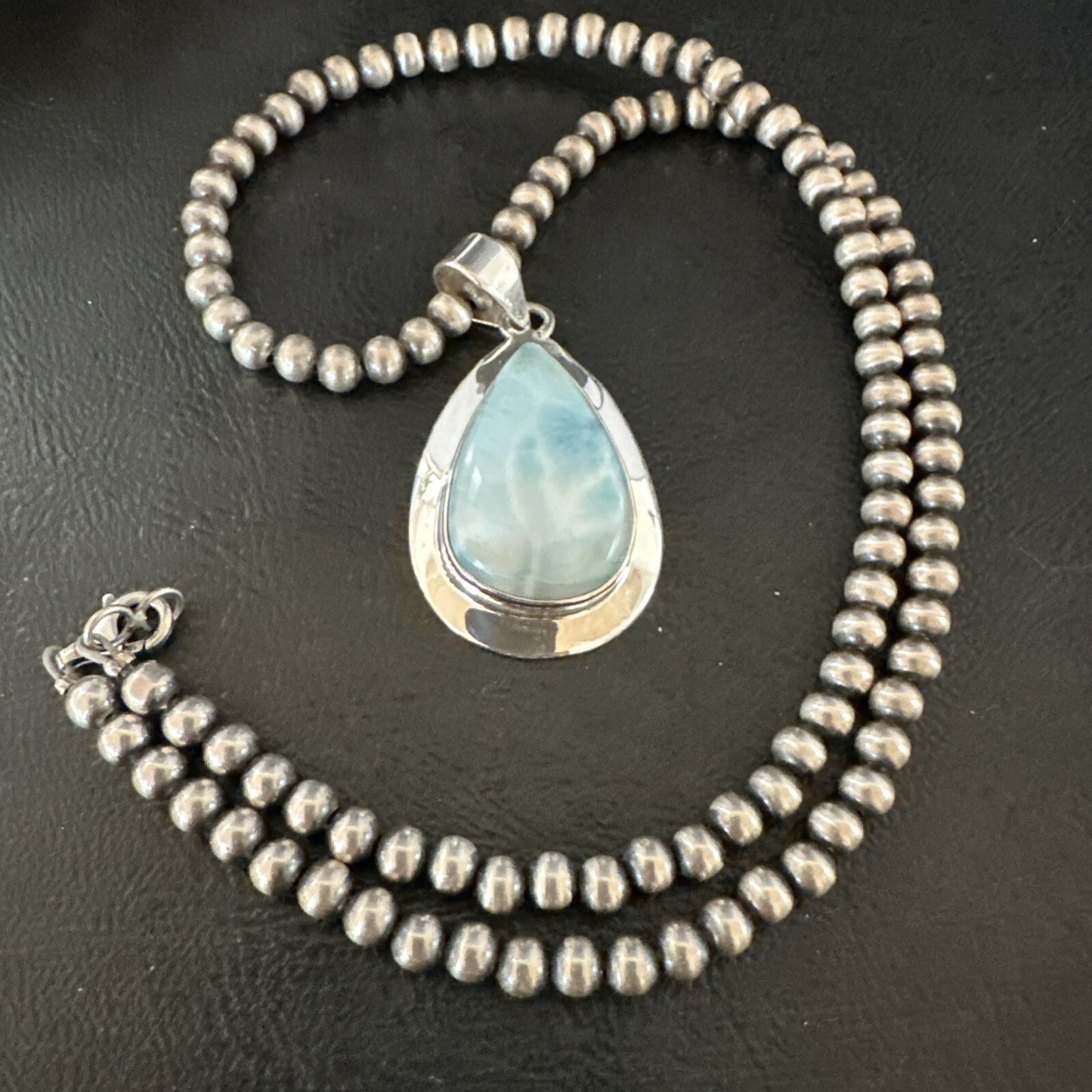Womens Blue Larimar Pendant Navajo Sterling Silver Beads Necklace 17717