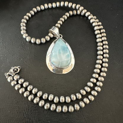 Womens Blue Larimar Pendant Navajo Sterling Silver Beads Necklace 17717