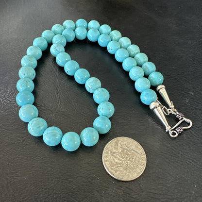 Blue Turquoise 10mm Round Bead Southwestern Sterling Silver Necklace 18” 19402