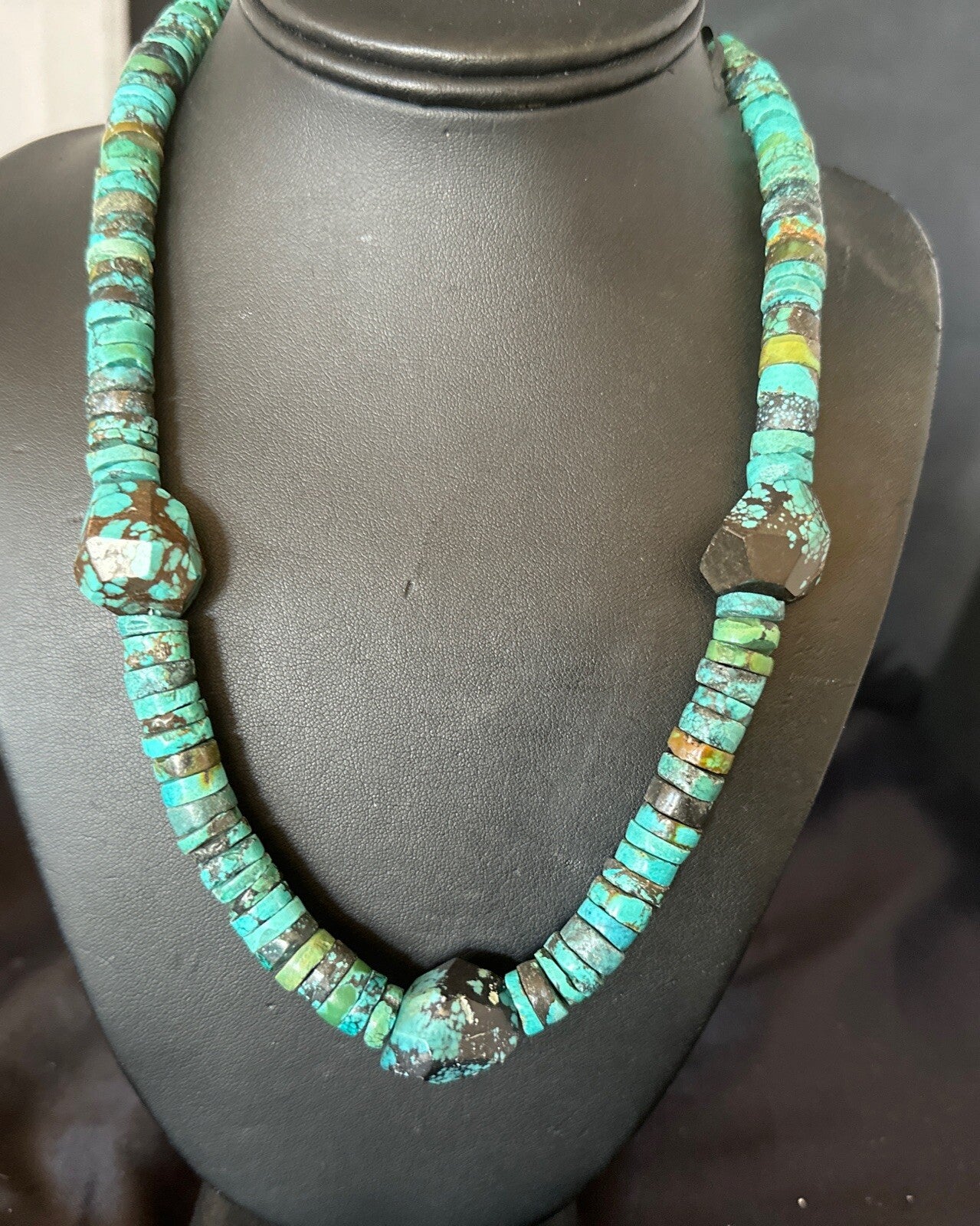 Native Turquoise Nugget Heishi Bead Navajo Sterling Silver Necklace 17745
