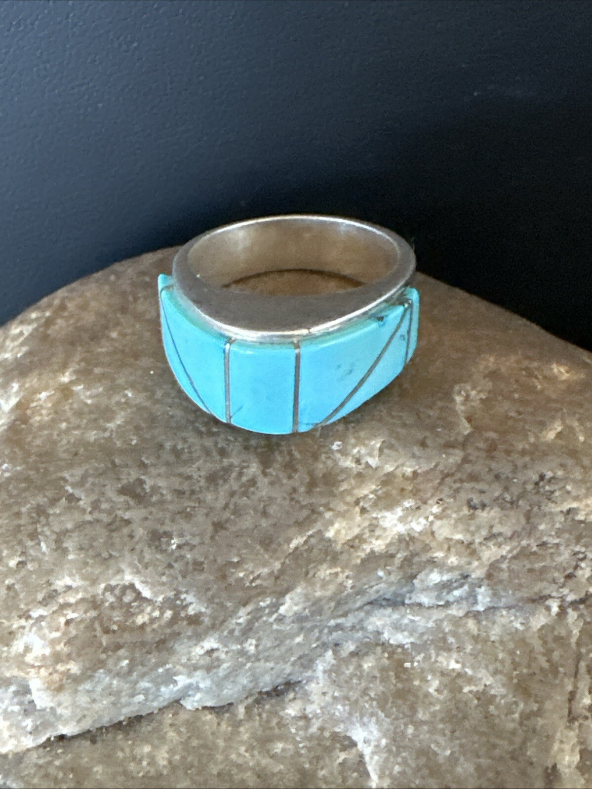 Blue Turquoise Native Navajo Sterling Silver Inlay Band Ring Size 7 18814