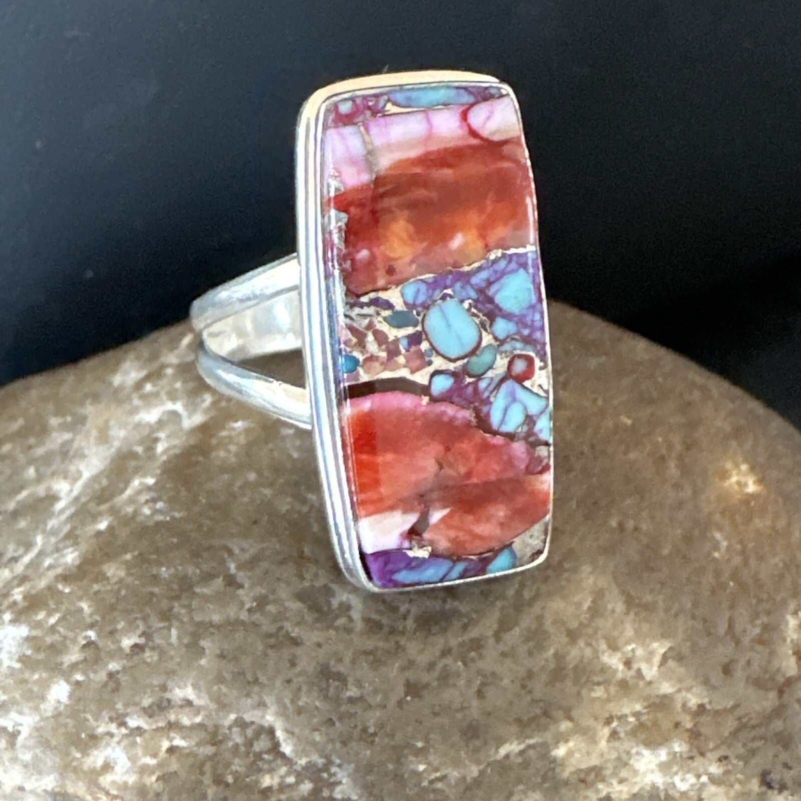 Blue Turquoise Spiny Oyster Southwestern Sterling Silver Ring Size 9 18540