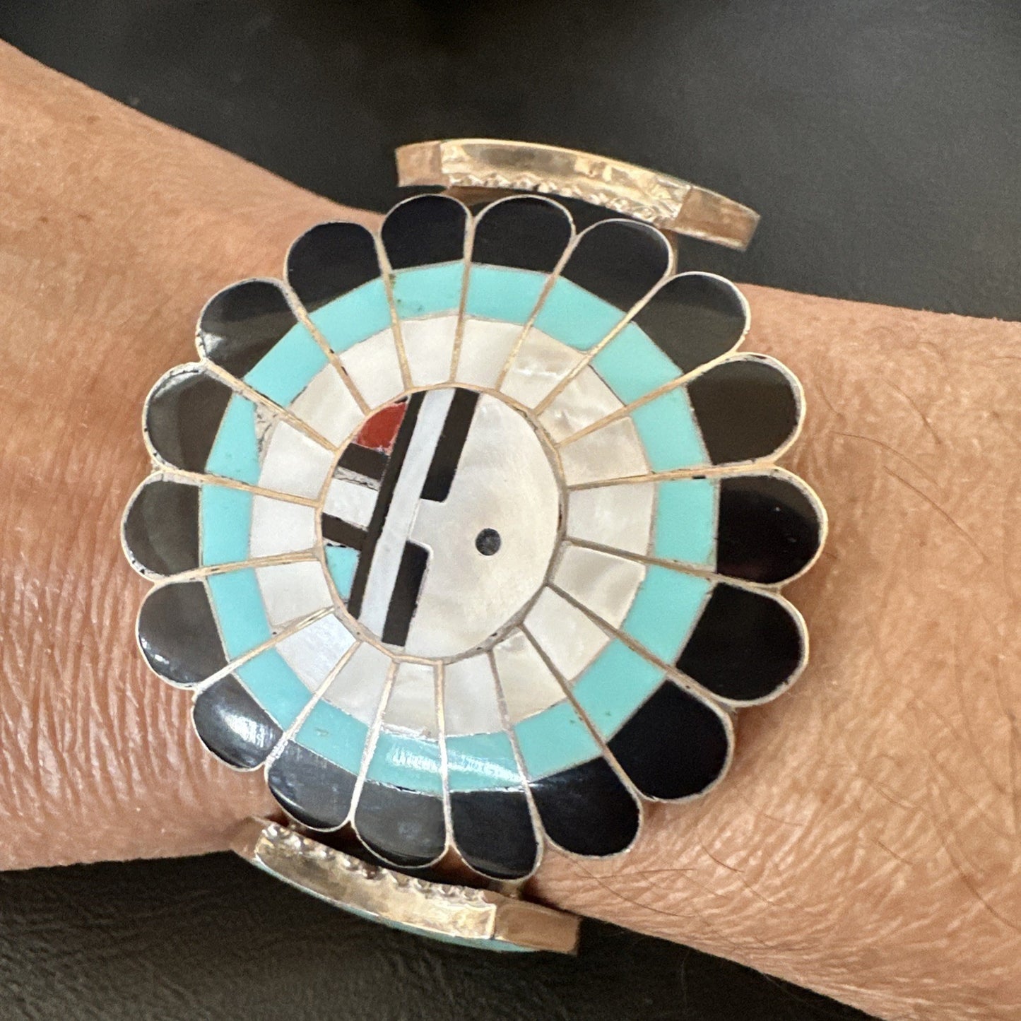 Old Pawn Sunface Turquoise Zuni Sterling Silver Onyx Bracelet 6.75” 19128