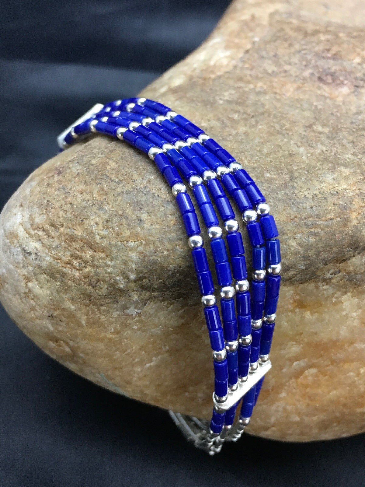 Blue Lapis Heishi 5 Strand Southwestern Liquid Sterling Silver Bracelet 7" 12638