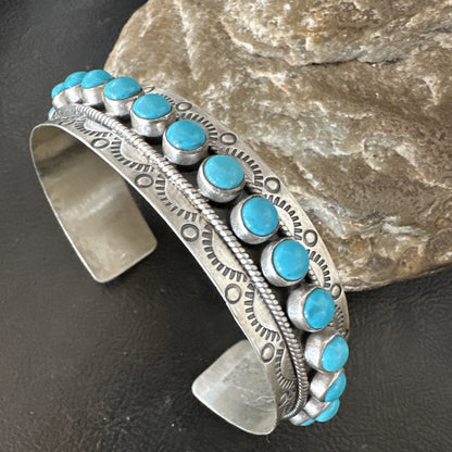 Mens Womens Kingman Turquoise Navajo Sterling Silver Cluster Cuff Bracelet 18865