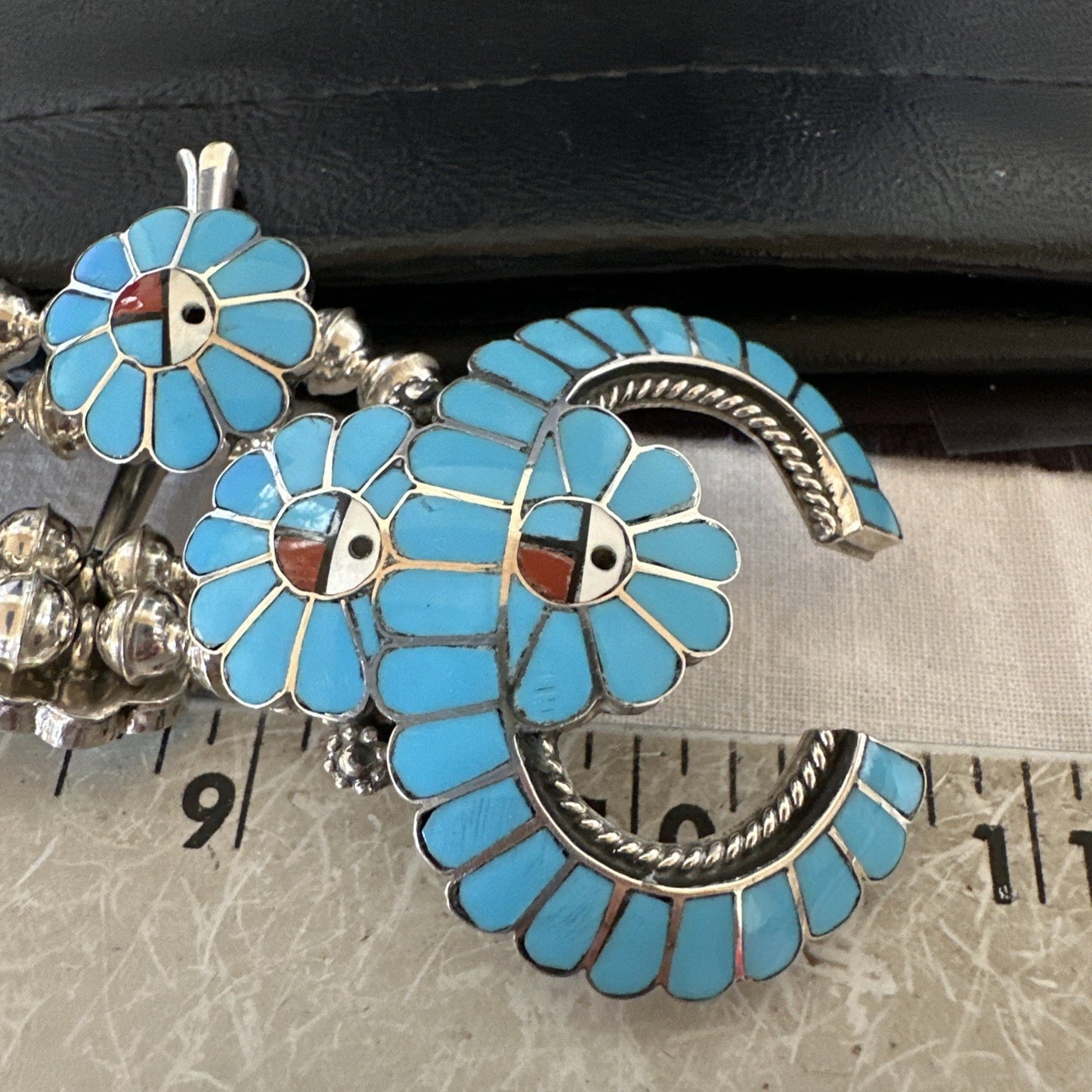Old Pawn Sunface Turquoise Zuni Sterling Silver Squash Necklace Earrings 19289