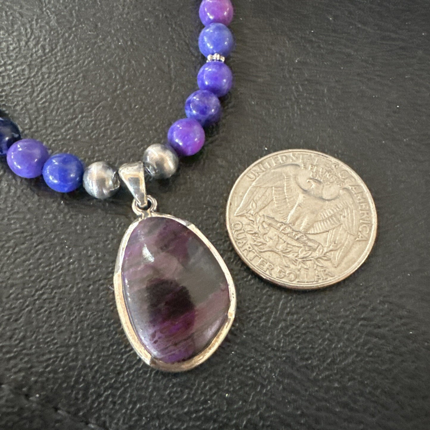 Purple Stone Pendant Navajo Pearls Sterling Silver Necklace 23" 17894