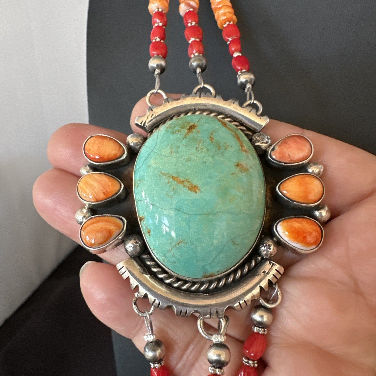 XL Statement Green Turquoise Spiny Navajo 3S Sterling Silver Necklace 34” 19675