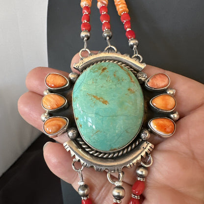 XL Statement Green Turquoise Spiny Navajo 3S Sterling Silver Necklace 34” 19675