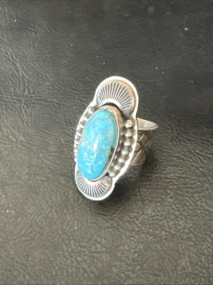 WoMens Blue Kingman Turquoise Navajo Sterling Silver Adjustable Ring Sz 8 19421