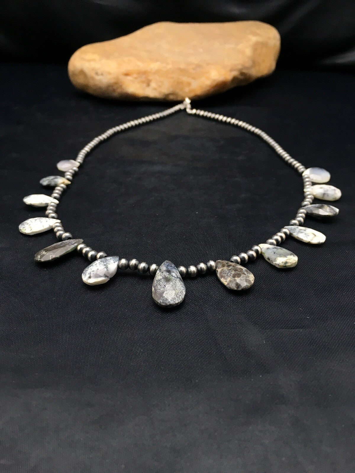 Black Rutilated Opal Pear Shaped Navajo Pearls Sterling Silver Necklace 04090
