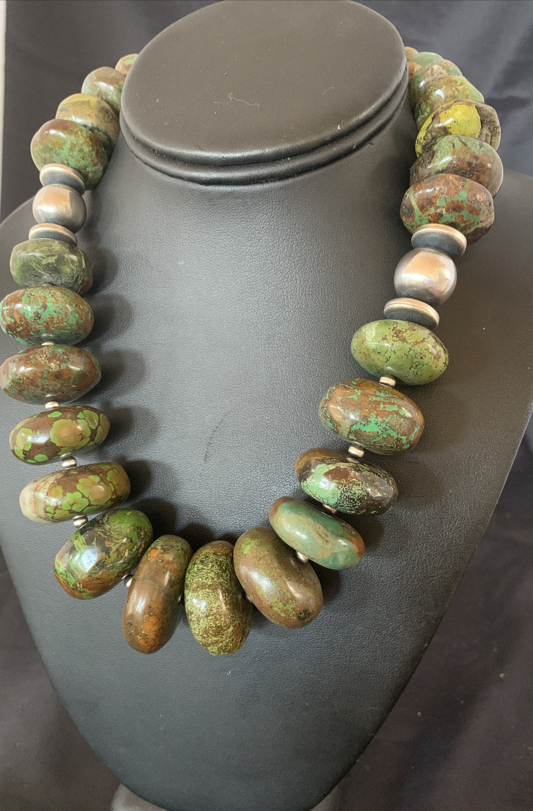 Green Natural Turquoise Chunky Graduated Navajo Sterling Silver Necklace 11765