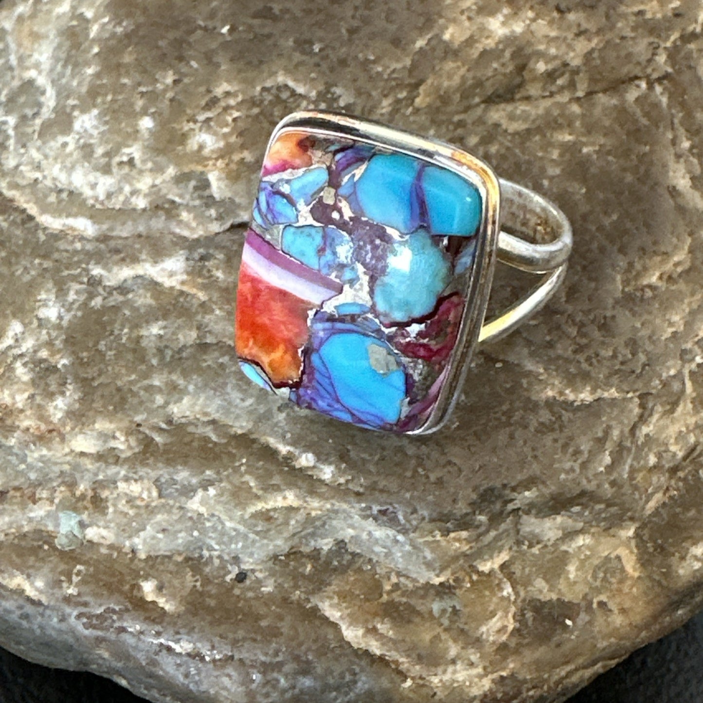 Blue Turquoise Spiny Oyster Southwestern Sterling Silver Ring Size 9 19061