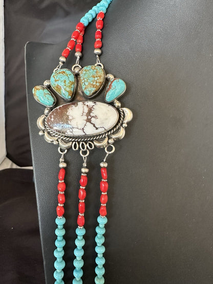 XL Statement Wild Horse Turquoise#8 Navajo 3S Sterling Silver Necklace 34” 19674