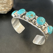 XL Blue Kingman Turquoise 5 Stone Navajo Cuff Bracelet | Sterling Silver | Authentic Native American Handmade | 18021
