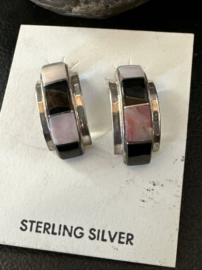 Pink Queen Conch Black Onyx Sterling Silver Post  Inlay Hoop Earrings 19819
