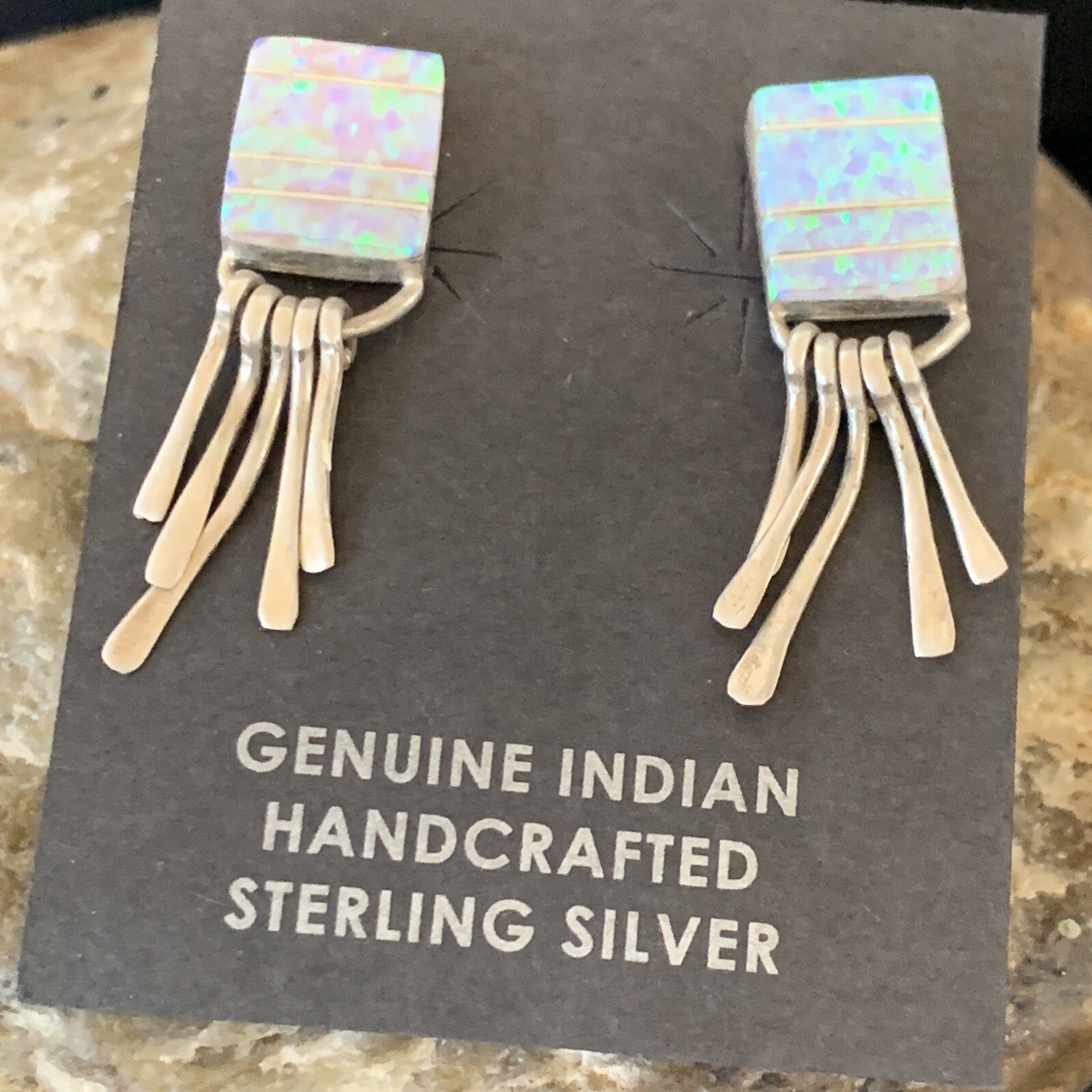 Blue Opal Inlay Navajo Sterling Silver Dangle Post Earrings 0.5" 12754