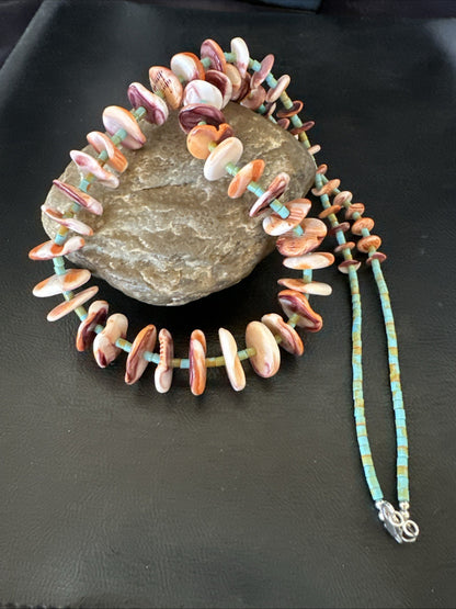 Orange Spiny Oyster Turquoise Navajo Pearls Sterling Silver Necklace 27” 19466