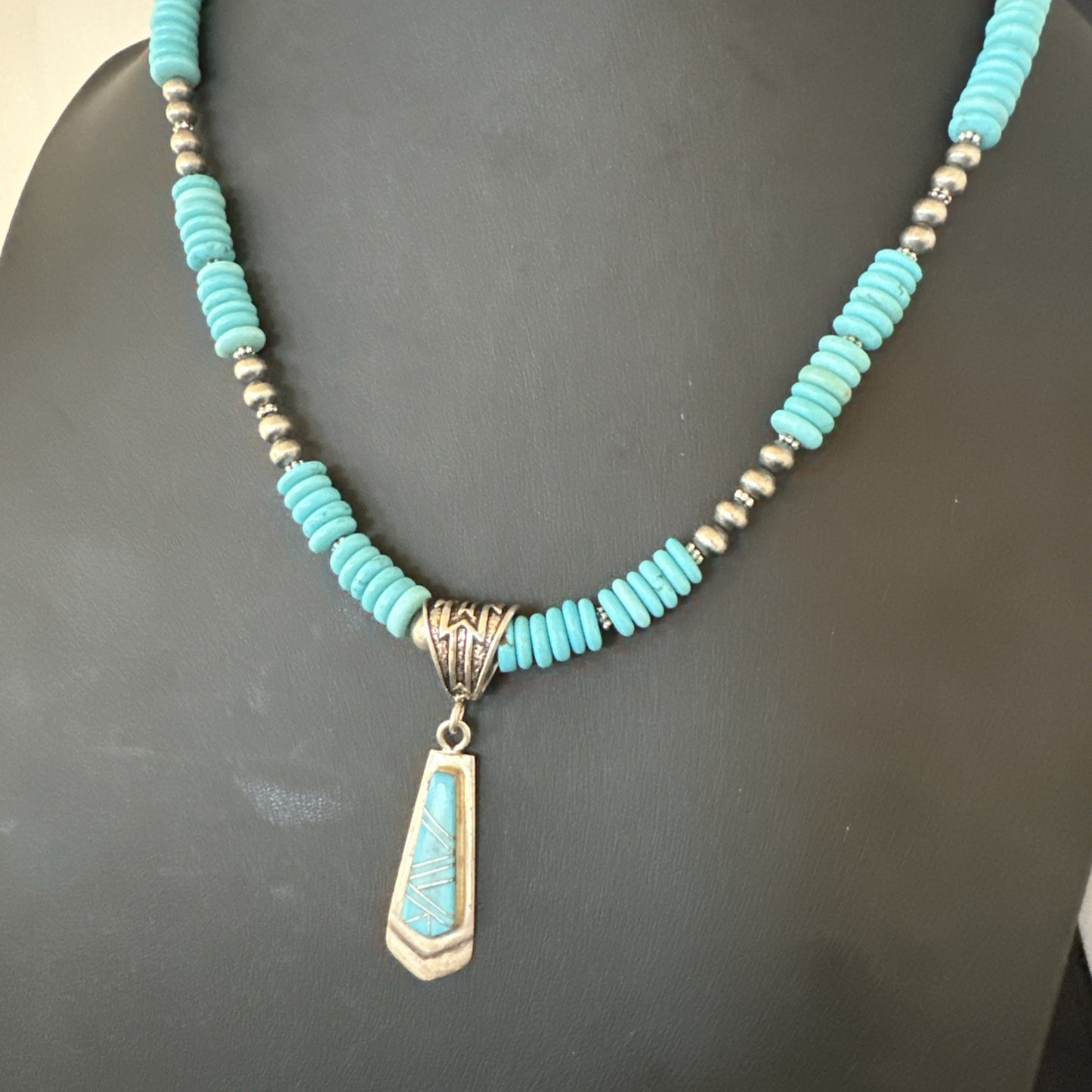 Blue Turquoise Inlay Pendant Navajo Sterling Silver Necklace 20" 19677