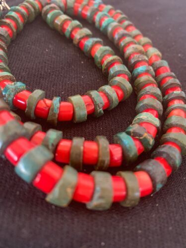 Turquoise & Coral Heishi Bead Navajo Sterling Silver Necklace 21” 04757