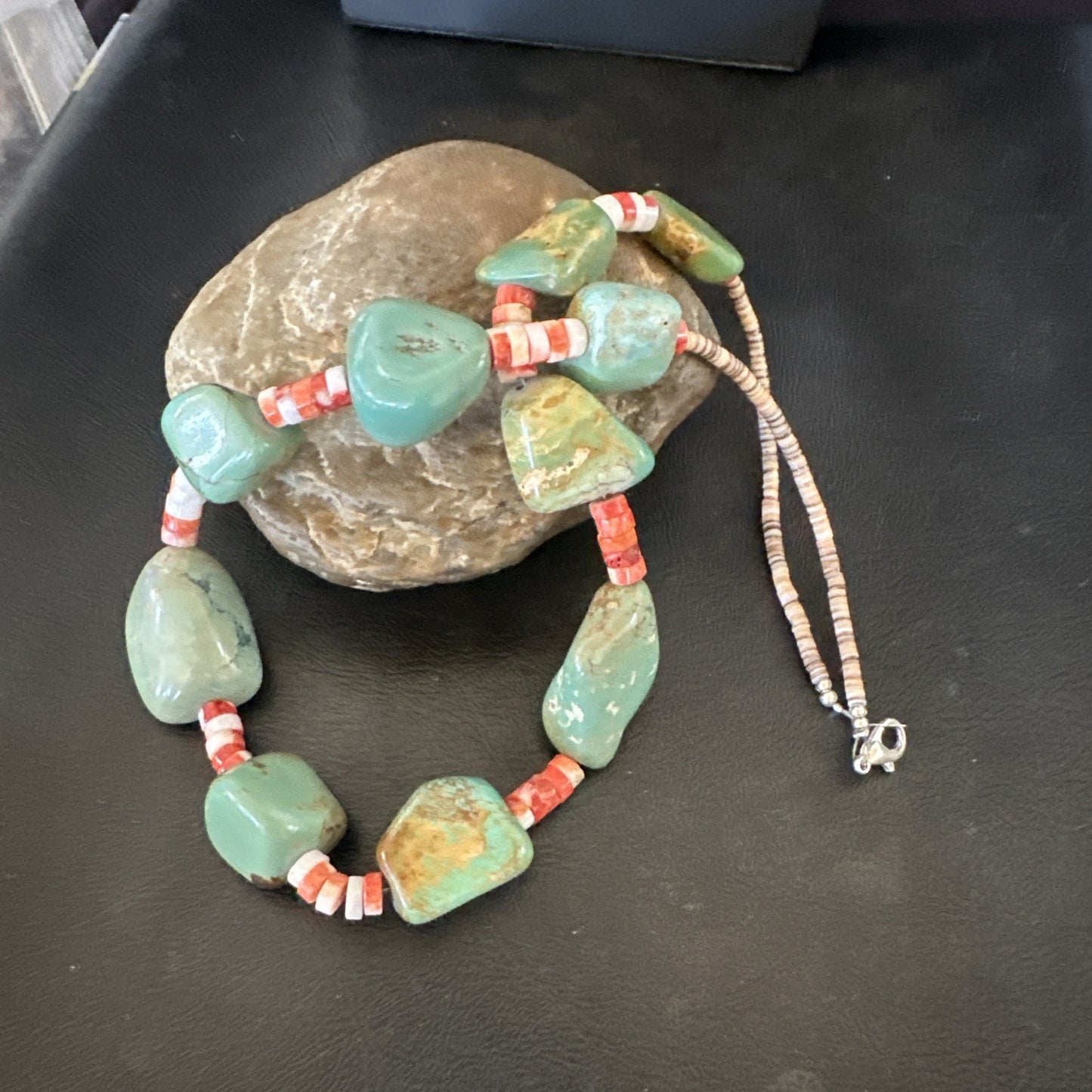 Navajo Green Turquoise Red Spiny Oyster Necklace Sterling 23" 19717