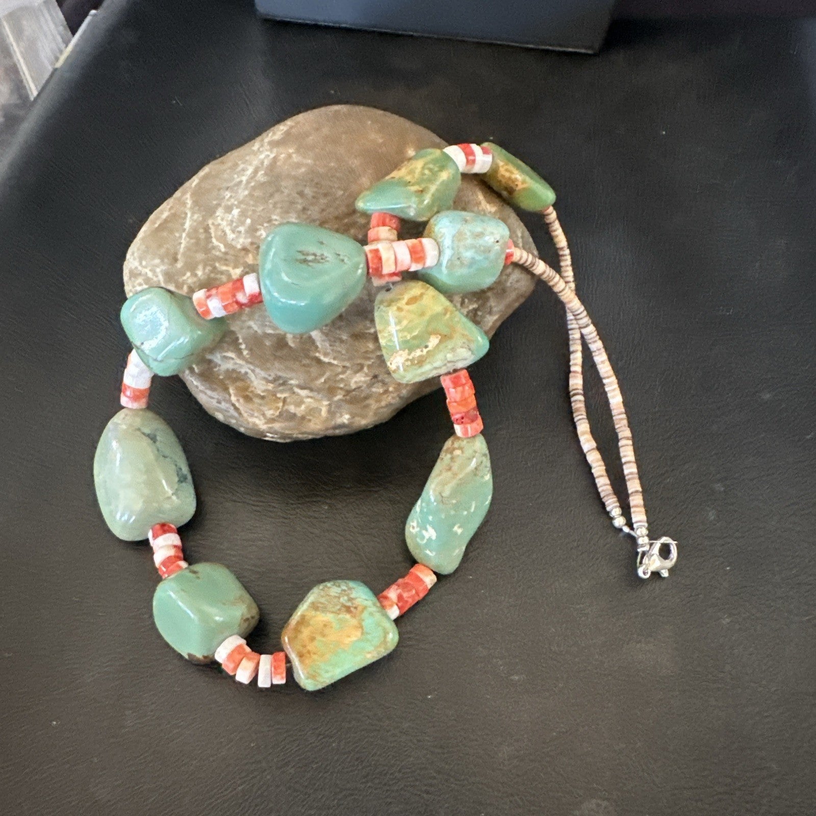 Navajo Green Turquoise Red Spiny Oyster Necklace Sterling 23" 19717