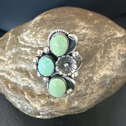 Yazzie Ring Green Turquoise Navajo Sterling Silver Cluster Size 9 19210