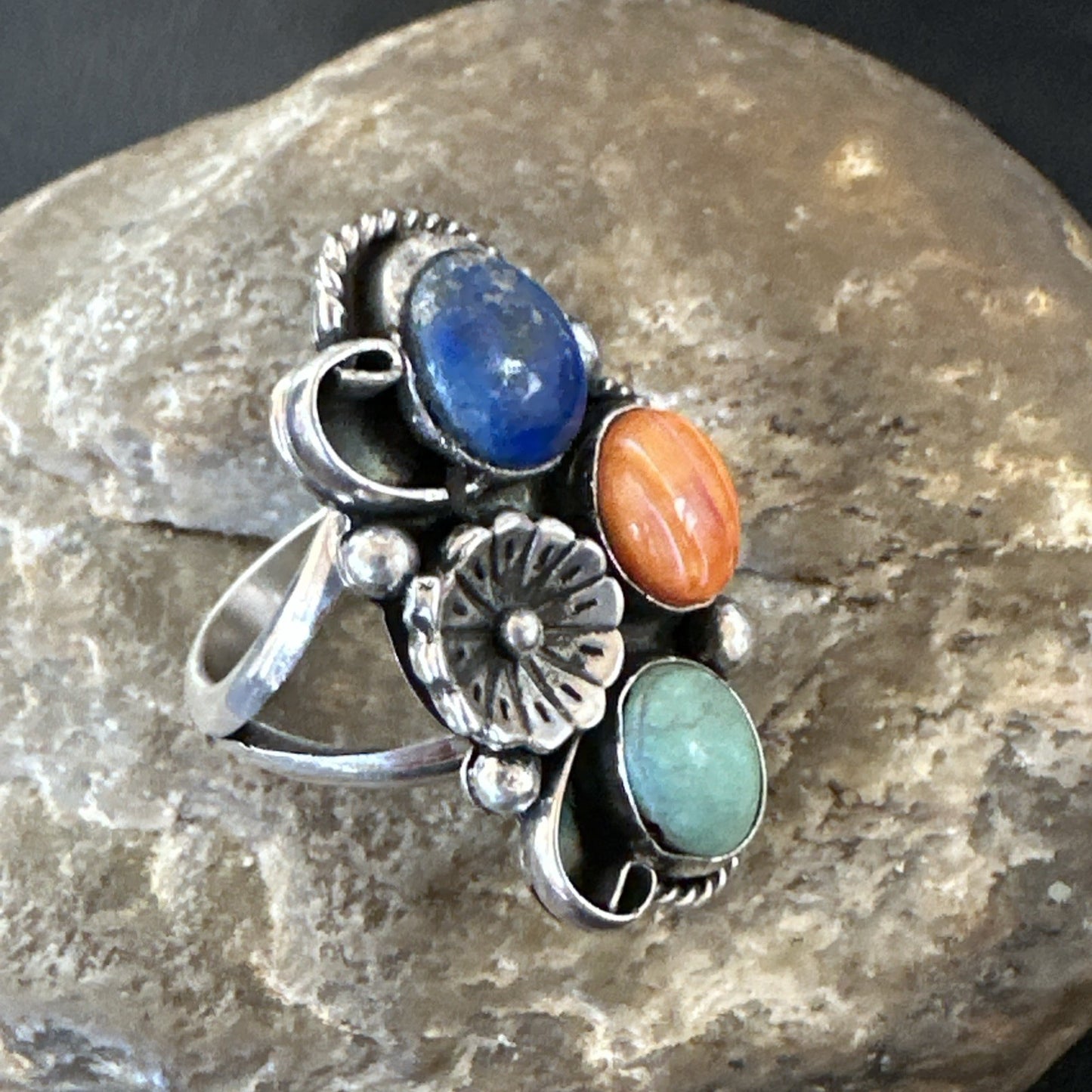 Yazzie Ring Turquoise Lapis Spiny Navajo Sterling Silver Cluster Sz 8.5 19315