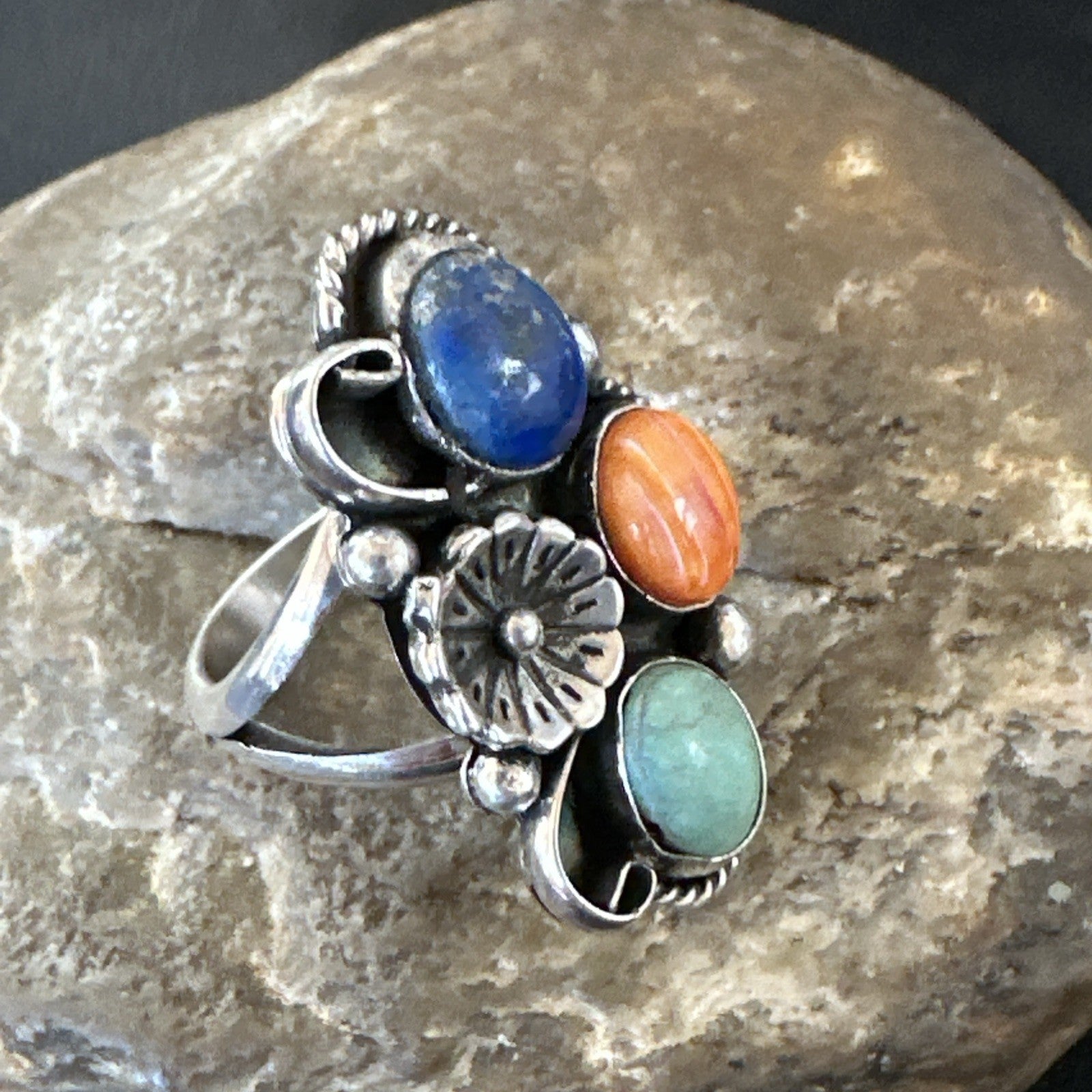 Yazzie Ring Turquoise Lapis Spiny Navajo Sterling Silver Cluster Sz 8.5 19315
