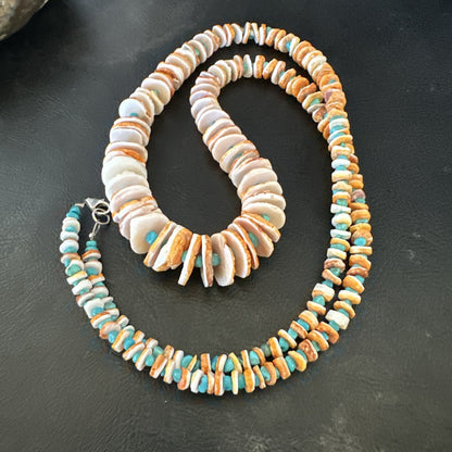 Blue Turquoise Orange Spiny Oyster Santo Domingo Necklace 30” 17754