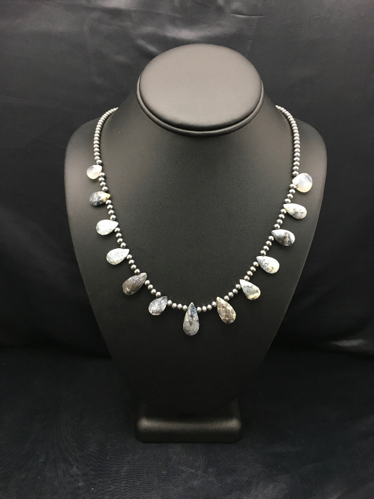 Black Rutilated Opal Pear Shaped Navajo Pearls Sterling Silver Necklace 04090