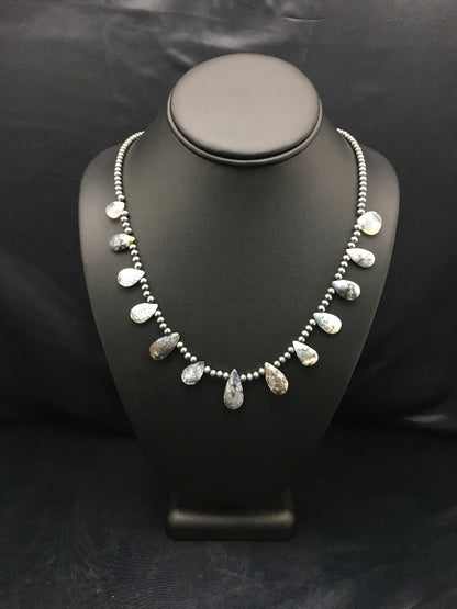 Black Rutilated Opal Pear Shaped Navajo Pearls Sterling Silver Necklace 04090