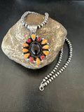 Onyx Coral Orange Spiny Navajo Cluster Pendant Necklace | Sterling Silver | Authentic Native American Handmade | 19566