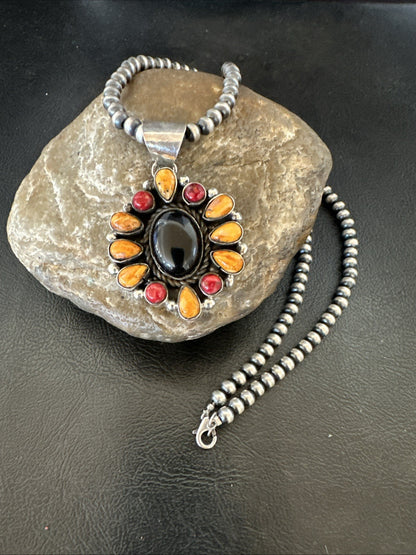 Onyx Coral Orange Spiny Navajo Sterling Silver Cluster Pendant Necklace 19566