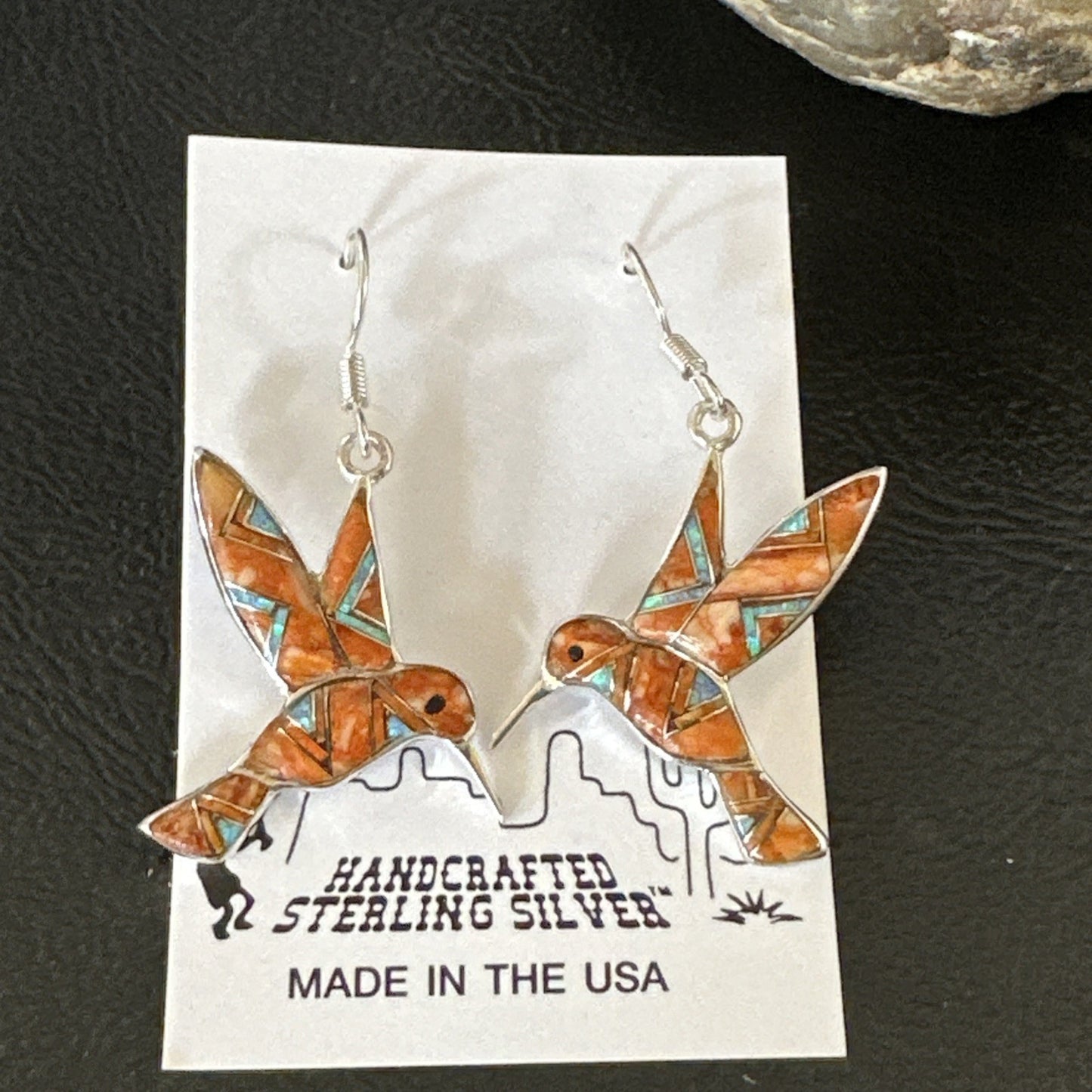 Orange Spiny Oyster Opal Sterling Silver Hummingbird Dangle Earrings 19133