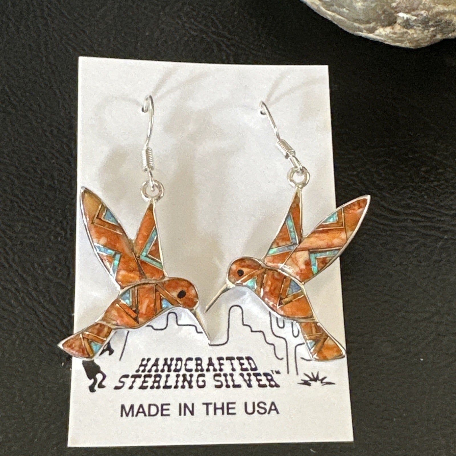Orange Spiny Oyster Opal Sterling Silver Hummingbird Dangle Earrings 19133