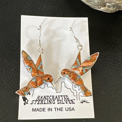 Orange Spiny Oyster Opal Sterling Silver Hummingbird Dangle Earrings 19133