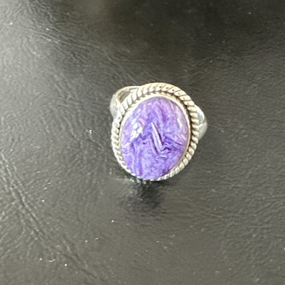 Womens Purple Charoite Navajo Sterling Silver Oval Ring Adjustable Size 9 17246