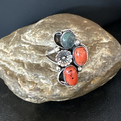 Multicolor Ring Turquoise Coral Spiny Navajo Sterling Silver Cluster 10.5 19195