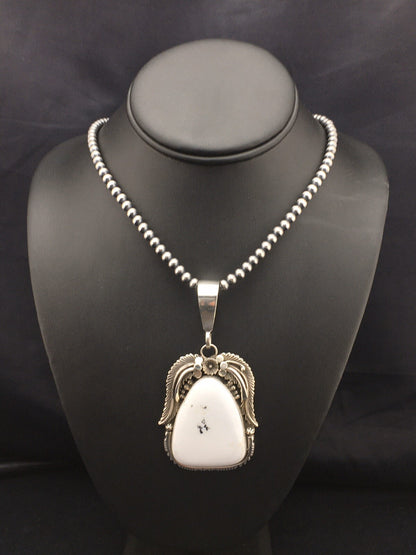 White Buffalo Turquoise Pendant Navajo Sterling Silver Beads Necklace 04529