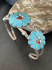 Blue Turquoise Coral MOP Zuni Inlay Sunface Cuff Bracelet | Sterling Silver | Authentic Native American Handmade | 18873