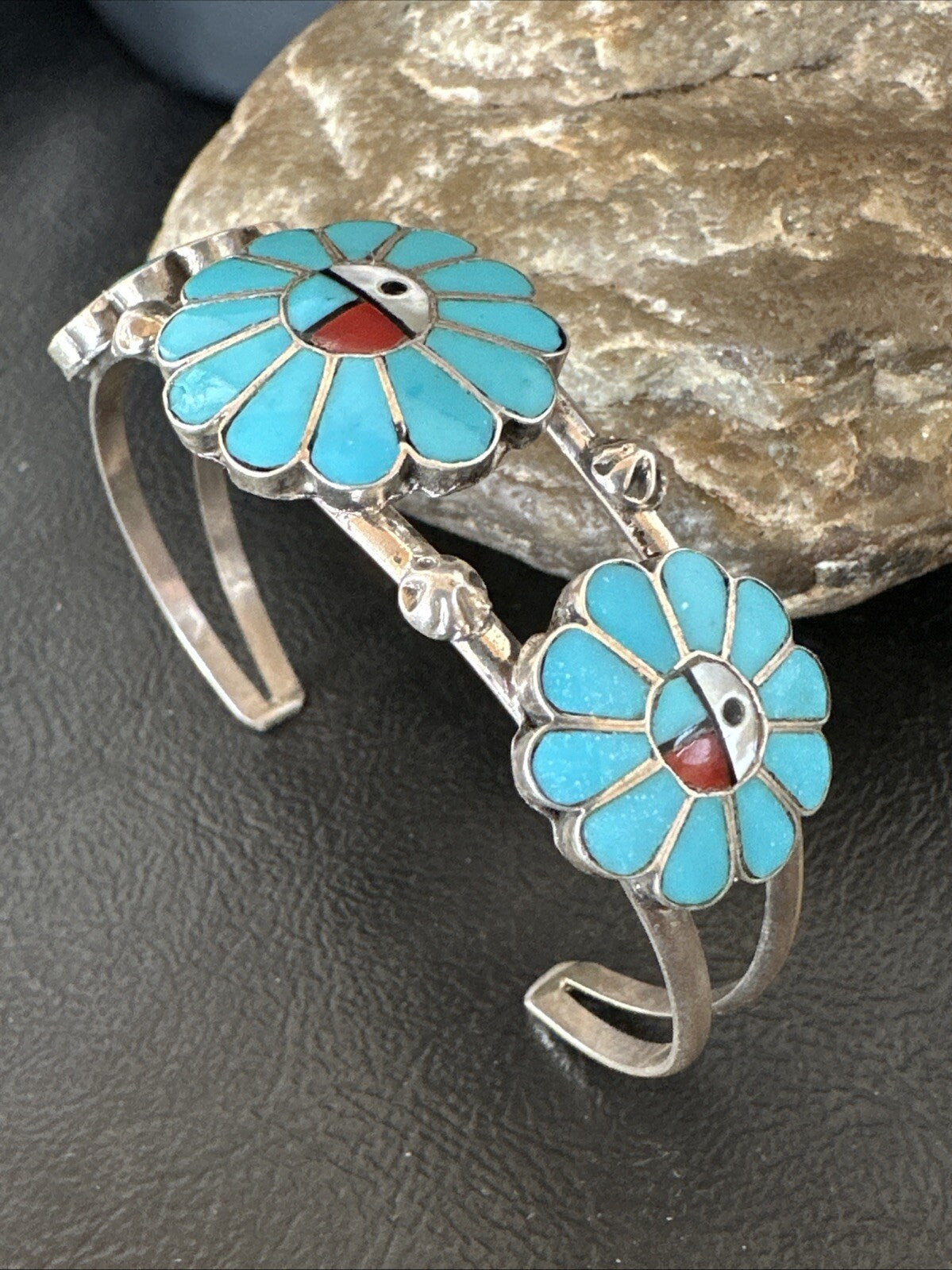 Blue Turquoise Coral MOP Zuni Sterling Silver Inlay Sunface Cuff Bracelet 18873