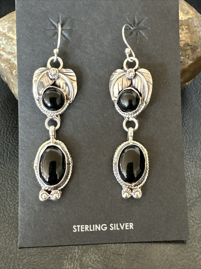 Black Onyx Navajo Sterling Silver Dangle Earrings 1.5" 18293