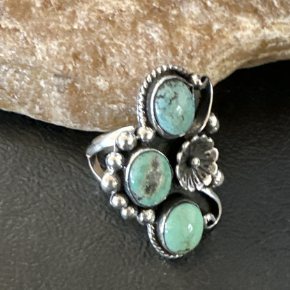 Yazzie Ring Green Turquoise Navajo Sterling Silver Cluster Size 8.5 19215
