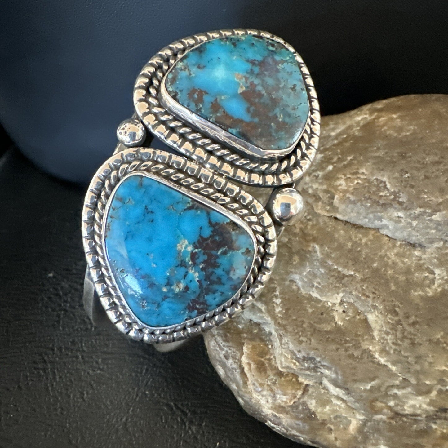 Navajo Blue TURQUOISE Stamped 2 Stone Sterling Silver Cuff Bracelet 8.25" 18717