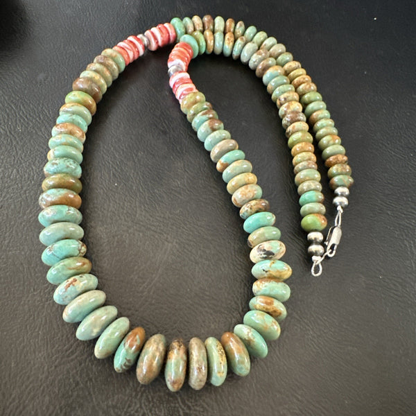 Green Turquoise Red Spiny Oyster Navajo Necklace 22" | Sterling Silver | Authentic Native American Handmade | 18361